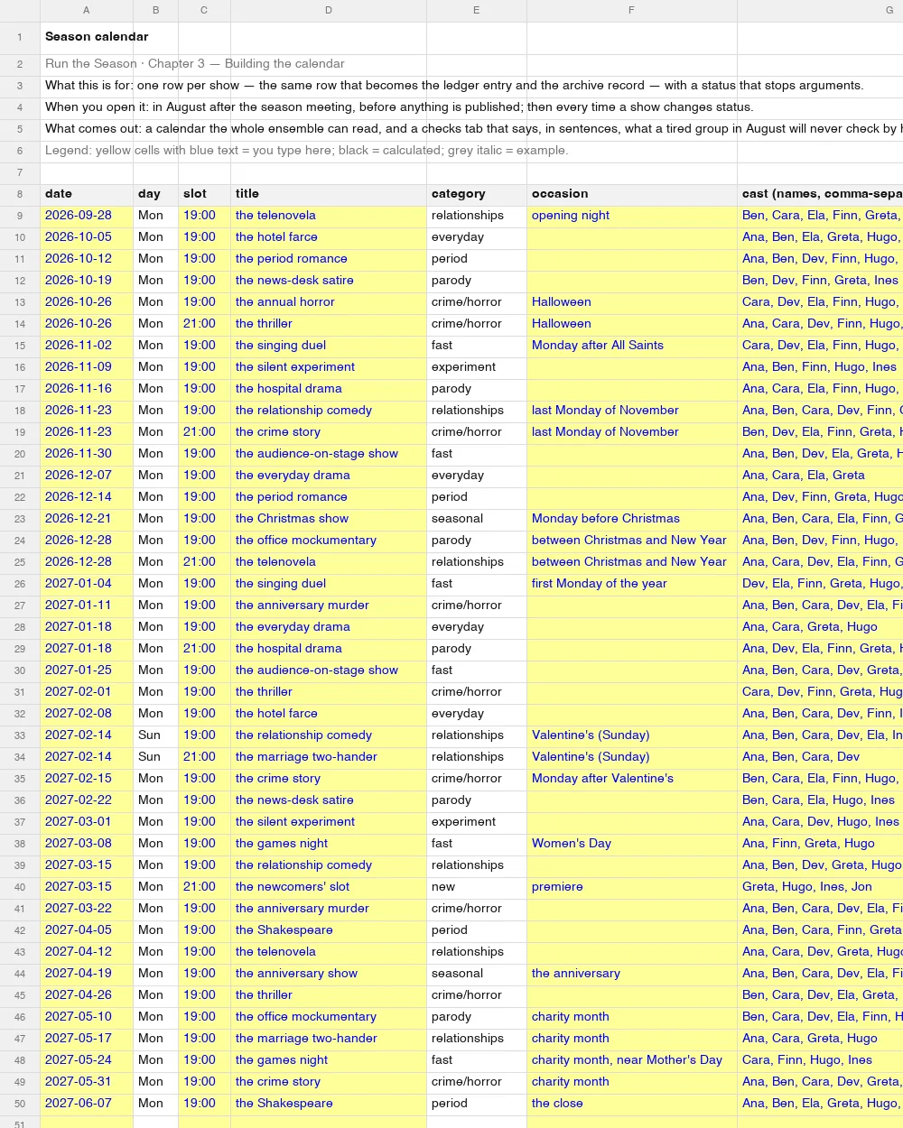 Season calendar, filled example